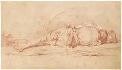 Französisch, Rückenansicht eines schlafenden Soldaten, Um 1770, Rötel auf Bütten