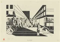 Gerd Arntz, Strasse“ (Königsallee Düsseldorf), 1926, Holzschnitt auf Japanbütten