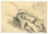 Studie einer rechten Hand mit Hundeleine by Adolph von Menzel, 1889, Bleistift, teilweise gewischt, auf leichtem Karton (Rückseite einer Einladungskarte), sold Nov 2017