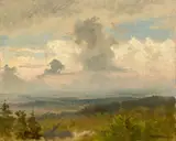 Gewitterwolken über dem Mittelgebirge by Oswald Achenbach, Öl auf Leinwand, auf Holz aufgezogen, sold May 2017