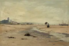 Eugen Dücker, Junge Frau am Strand von Katwijk, Öl auf Papier auf Karton