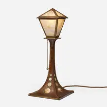 Charles Frederick Eaton, Table lamp, c. 1904, handwrought patinated copper, brass, shell