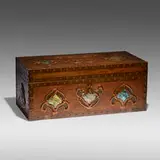 Elizabeth Eaton Burton, Rare chest, c. 1910, mahogany, handwrought copper, abalone shell, leather
