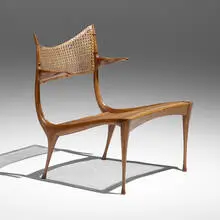 Dan Johnson, Rare Gazelle lounge chair, model 30W, 1958, walnut, cane, brass