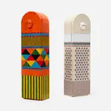 Butterfly Bride; Tribal Chief (Important Mummy cabinets, set of two) by Pamela Weir-Quiton, c. 1971, glass tiles, glazed stoneware, pine, polychrome lacquered wood, mirrored glass, sold Sep 2024