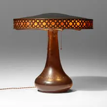 Dirk Van Erp, Rare flat-top table lamp, c. 1913-15, handwrought copper, tin, mica