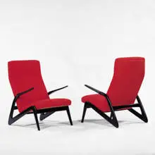 Alfred Hendrickx, lounge chairs, c. 1955, ebonized wood, wool