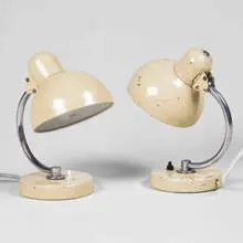 table lamps, pair by Christian Dell, 1920s, enameled metal, stainless steel, sold Jun 2001