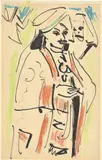 Orientale mit Turban by Ernst Ludwig Kirchner, Um 1910, Farbkreide und Feder in Schwarz auf glattem Papier, sold Dec 2022