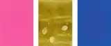 Yves Klein, Monochrome und Feuer, 1961, Triptychon: 2 Serigrafien in Blau bzw. Pink, jeweils auf festem Velin, und 1 Goldfolie auf Karton mit Blattgoldapplikationen; mit Ausstellungsbroschüre, im Original-Umschlag