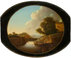 Friedrich Georg Weitsch, Idylle am Flußufer, Um 1780, Öl auf Metall, lackiert. Auf einem Coffébrett der „Stobwasserschen Laquir Fabrick“, Braunschweig