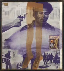 Wolf Vostell, Nur die 1, 1968, Serigraphie in Violett nach collagierten Zeitungsphotos, Nylonstrümpfe und Strumpfpackung, in verglastem Metallkasten