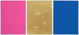 Yves Klein, Zu: „Monochrome und Feuer, 1961, 2 Serigraphien in Blau bzw. Magenta, jeweils auf Karton, und 1 mit Blattgold partiell beschichteter Goldfolienkarton, im Ausstellungskatalog