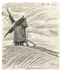 Windmühle auf einer Bergkuppe by Lyonel Feininger, 1910, Kreide auf Papier, sold May 2014