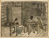 Otto Mueller, Zigeunerfamilie in der Holzhütte / Zigeunerfamile am Tisch, Um 1918, Aquarell und Tuschfeder auf Papier
