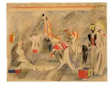 Oskar Schlemmer, Ballett der Clowns. Das komische Ballett, 1935, Farbige und schwarze Kreide, Farb- und Bleistift auf dünnem Papier