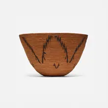 Yokuts basket by Native American, c. 1920, sedge grass, bracken fern, redbud, willow, sold Sep 2024