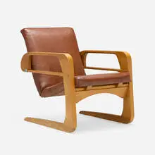 Kem Weber, Rare Airline chair from the Walt Disney Studios, Burbank, CA, 1934, ash, birch plywood, steel, vinyl upholstery, leather, copper tacks