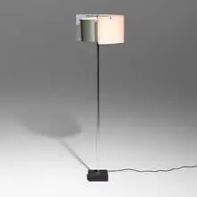 Floor lamp, model 1056 by Gino Sarfatti, 1948, lacquered cast iron, chrome-plated metal, acrylic, lacquered aluminum, sold Jul 2024