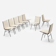 Allan Gould, Dining chairs, set of eight, c. 1950, enameled steel, cotton cord