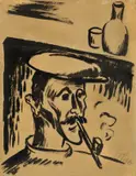 Max Pechstein, Fischer mit Pfeife und Hut, 1913, Tuschpinsel auf bräunlichem Papier, auf Papier aufgezogen