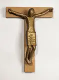 Kruzifix I by Gerhard Marcks, 1948, Bronze mit goldbrauner Patina, auf Holzkreuz montiert. Höhe: 58 cm (Kreuz 67,5 cm) (22 ⅞ in. (Kreuz 26 ⅝ in.)), sold Jun 2012