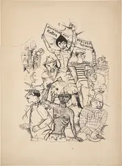 Rudolf Schlichter, Zereisset eure Ketten Weisse Schwarze Gelbe!, Um 1919, Tuschfeder auf zwei unterschiedlich großen, übereinander gefügten gelblichen Papierbögen