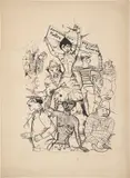 Rudolf Schlichter, Zereisset eure Ketten Weisse Schwarze Gelbe!, Um 1919, Tuschfeder auf zwei unterschiedlich großen, übereinander gefügten gelblichen Papierbögen