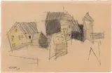 Lyonel Feininger, Häuser, 1955, Aquarell und Tuschfeder auf Bütten