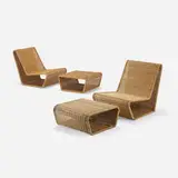Danny Ho Fong, Wave lounge chairs and ottomans, set of four, c. 1966, wicker over stainless steel and arurog, arurog over stainless steel