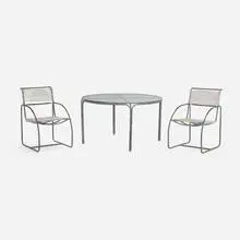 Kipp Stewart, Outdoor dining table and chairs, pair, 1977, bronze, flagline, glass