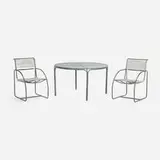Kipp Stewart, Outdoor dining table and chairs, pair, 1977, bronze, flagline, glass