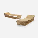 Danny Ho Fong, Wave chaise lounges, pair, c. 1966, wicker over stainless steel and arurog, arurog over stainless steel