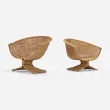 Miller Fong, Lotus lounge chairs, pair, c. 1968, wicker over stainless steel