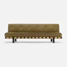 Sofa, model 1171 by T. H. Robsjohn-Gibbings, c. 1950, lacquered wood, canvas webbing, upholstery, sold Jul 2024