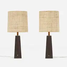 Gordon and Jane Martz, Table lamps, pair, c. 1965, glazed stoneware, walnut, bouclé fabric