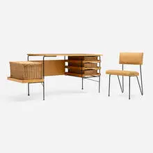 Dorothy Schindele, Desk and chair, c. 1950, maple, woven willow, painted steel, wool upholstery