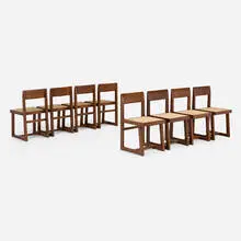 Pierre Jeanneret, Chairs from Punjab University, Chandigarh, set of eight, c. 1960, teak, cane, upholstery