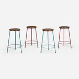 Stools from Chandigarh, set of four by Pierre Jeanneret, c. 1960, enameled steel, teak, sold Jul 2024
