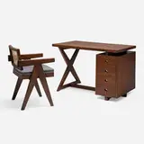 X-Leg desk and office chair from Chandigarh by Pierre Jeanneret, teak, aluminum, cane, fabric upholstery, sold Jul 2024