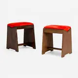 Sewing stools from Chandigarh, pair by Pierre Jeanneret, c. 1955-56, teak, pony hide, sold Jul 2024