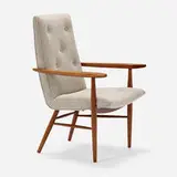 Origins armchair, model 206 by George Nakashima, 1958, Alexander Girard Lanalux upholstery, walnut, sold Jul 2024