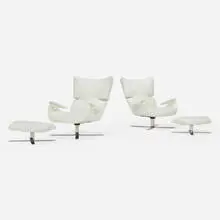 Jorge Zalszupin, Paulistana lounge chairs and ottomans from the Collection of Jim Carrey, pair, leather, stainless steel