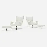 Jorge Zalszupin, Paulistana lounge chairs and ottomans from the Collection of Jim Carrey, pair, leather, stainless steel