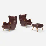 Maison Erton, Cadillac armchairs, pair and ottoman from the Collection of Jim Carrey, c. 1960, leather, cherry