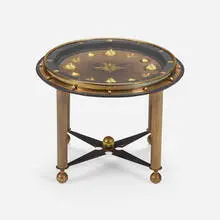 attribution Jacques Adnet, Clock guéridon from the Collection of Jim Carrey, c. 1955, brass, leather, glass, gold-plated metal, felt