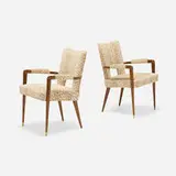 Jules Leleu, Olivia armchairs from the Collection of Jim Carrey, pair, 1964, upholstery, wood, brass