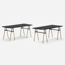 Low tables, pair by Jacques Adnet, c. 1955, leatherette over wood, brass, sold Jul 2024