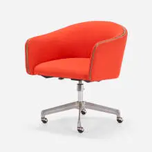 Rare tub chair, model 66318-TSR by Alexander Girard, c. 1965, upholstery, chrome-plated steel, aluminum, vinyl, sold Jul 2024