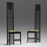 Hill House chairs from the Collection of Jim Carrey, pair by Charles Rennie Mackintosh, stained ash, hand-painted velvet upholstery, sold Jul 2024